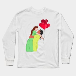 Women Couple Hugging While Holding Heart Shaped Balloons Long Sleeve T-Shirt